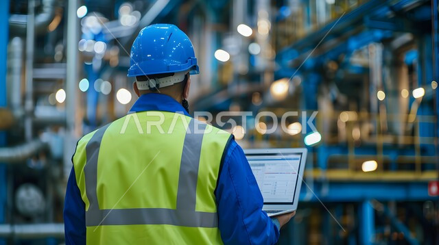 العمل في القطاع الهندسي, متابعة سير العمل في المعامل و المصانع, دمج التقنيات الحديثة و المتطورة بالأعمال الهندسية, صورة من الخلف لمهندس عربي خليجي سعودي يرتدي سترة و خوذة الحماية يستخدم جهاز الحاسوب المحمول