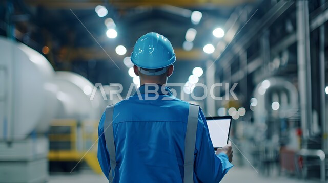 متابعة سير العمل في المعامل و المصانع, دمج التقنيات الحديثة و المتطورة بالأعمال الهندسية, صورة من الخلف لمهندس عربي خليجي سعودي يرتدي سترة و خوذة الحماية يستخدم جهاز الحاسوب المحمول, العمل في القطاع الهندسي