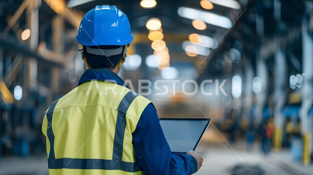 Integrating modern and advanced technologies into engineering work, monitoring the progress of work in laboratories and factories, a picture from the back of a Saudi Gulf Arab engineer wearing a protective jacket and helmet, using a laptop, working in the engineering sector