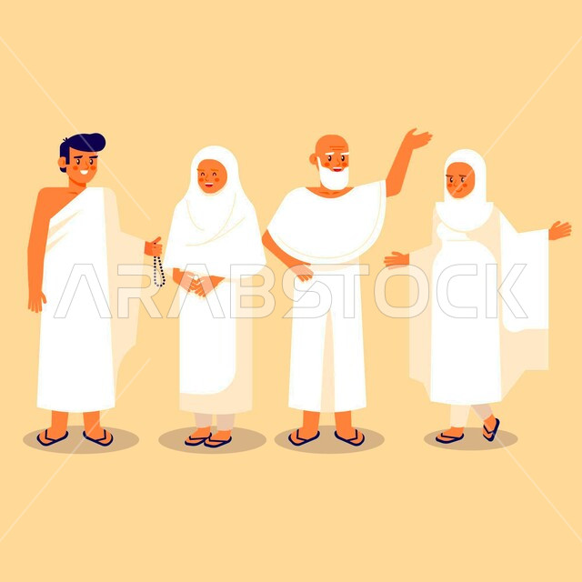 Worship and getting closer to God, visiting the Sacred House of God in Mecca, 3D cartoon drawings of a Muslim family wearing Ihram clothes performing Hajj and Umrah rituals, the fifth pillar of Islam, beige background