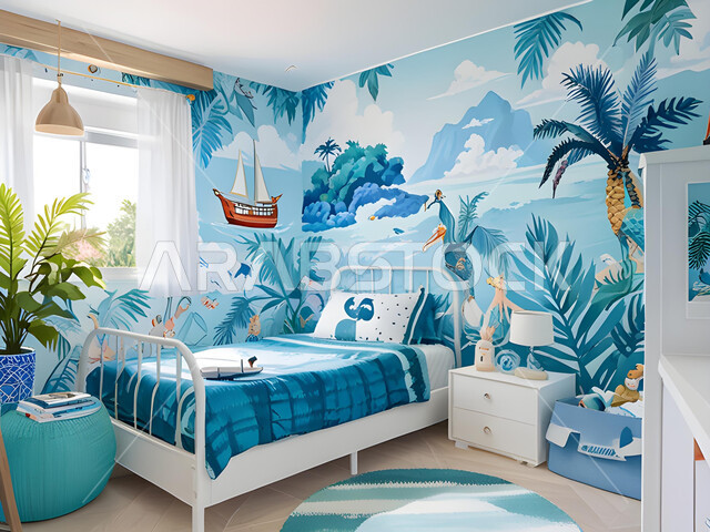 ديكورات منزلية داخلية, غرفة نوم على الطراز الاستوائي الساحلي باللون الأزرق, شقق و فلل سكنية في المملكة العربية السعودية, تصاميم عصرية حديثة, أثاث منزلي راقي و فاخر