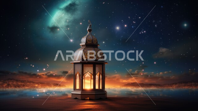 A luminous decorative metal lantern, the joy of the advent of the holy Ramadan, traditional Arabic lights and lamps, decorations for the holy month, celebration of Islamic religious occasions and holidays, the background of a sky full of stars