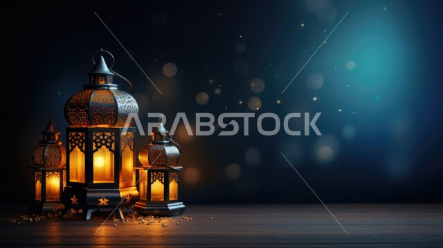 الاحتفال بالمناسبات و الأعياد الدينية الإسلامية, فانوس معدني مزخرف مضيء, البهجة بقدوم رمضان المبارك, أضواء و مصابيح عربية تقليدية, زينة و ديكورات الشهر الفضيل, خلفية السماء المليئة بالنجوم