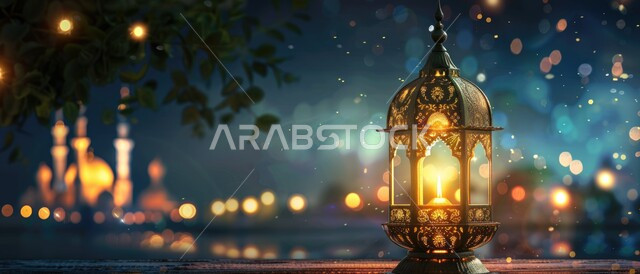فانوس معدني مزخرف مضيء, البهجة بقدوم رمضان المبارك, أضواء و مصابيح عربية تقليدية, زينة و ديكورات الشهر الفضيل, الاحتفال بالمناسبات و الأعياد الدينية الإسلامية, خلفية السماء المليئة بالنجوم