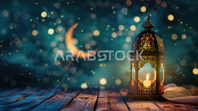 زينة و ديكورات الشهر الفضيل, الاحتفال بالمناسبات و الأعياد الدينية الإسلامية, فانوس معدني مزخرف مضيء, البهجة بقدوم رمضان المبارك, أضواء و مصابيح عربية تقليدية, خلفية القمر و النجوم المضيئة