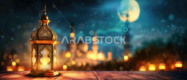 البهجة بقدوم رمضان المبارك, أضواء و مصابيح عربية تقليدية, زينة و ديكورات الشهر الفضيل, الاحتفال بالمناسبات و الأعياد الدينية الإسلامية, فانوس معدني مزخرف مضيء, خلفية القمر و النجوم المضيئة