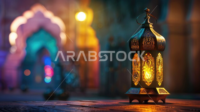 أضواء و مصابيح عربية تقليدية, زينة و ديكورات الشهر الفضيل, الاحتفال بالمناسبات و الأعياد الدينية, فانوس معدني مزخرف مضيء, البهجة بقدوم رمضان المبارك, خلفية إسلامية مزخرفة