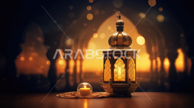 Joy at the advent of the blessed Ramadan, traditional Arab lights and lamps, decorations for the holy month, celebration of religious occasions and holidays, illuminated decorative metal lantern, decorated Islamic background