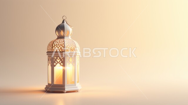زينة و ديكورات الشهر الفضيل, الاحتفال بالمناسبات و الأعياد الدينية الإسلامية, فانوس معدني مزخرف مضيء, البهجة بقدوم رمضان المبارك, أضواء و مصابيح عربية تقليدية, خلفية بيضاء