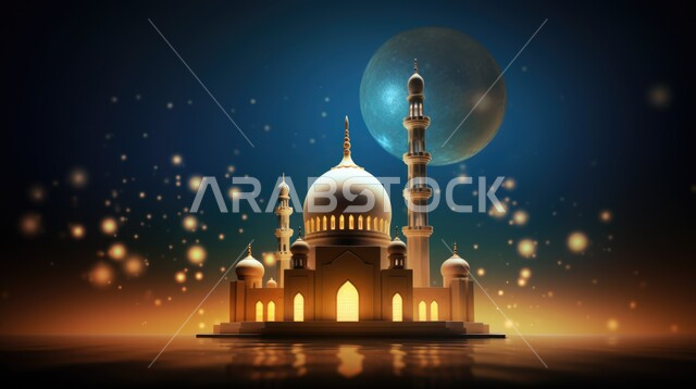 تصاميم و ديكورات على الطراز الإسلامي للقبب و المآذن, الفن الهندسي المعماري لبناء المساجد, أماكن دينية إسلامية مقدسة, مجسم ثلاثي الأبعاد لمسجد مضيء