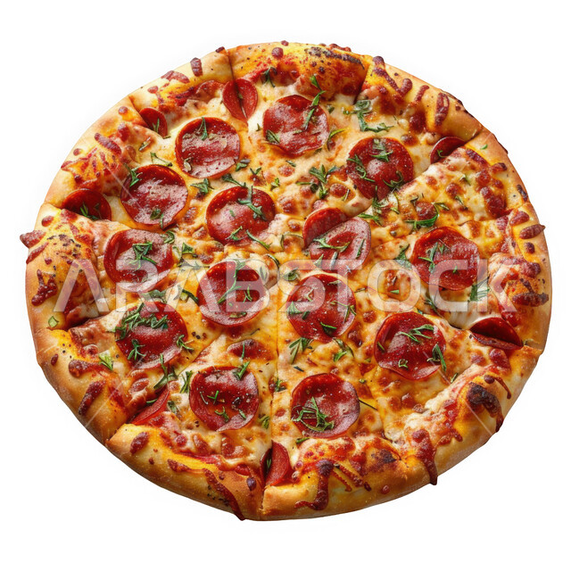 وجبات الطعام السريعة, صورة مقربة لفطيرة بيتزا البيبروني بالجبن، طريقة تحضير و تقديم المعجنات و المخبوزات في مطاعم المملكة العربية السعودية, مكونات و وصفات شهية, منتجات محلية وطنية, خلفية بيضاء