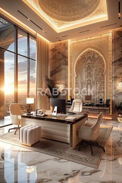 Office with elegant decor and colours, engineering and architectural art, office interior decorations and designs, luxury modern-style interior furniture in the Kingdom of Saudi Arabia