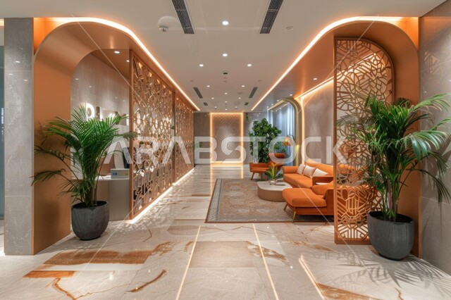 A restaurant and café lounge with elegant decor and colours, interior decorations and designs for cafés and restaurants, luxury interior furniture in a modern style in the Kingdom of Saudi Arabia, engineering and architectural art