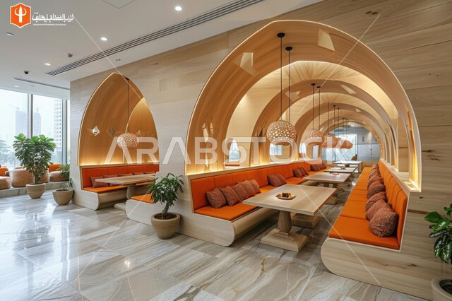 Decorations and interior designs for cafes and restaurants, a restaurant and café hall with elegant decor and colours, luxurious interior furniture in a modern style in the Kingdom of Saudi Arabia, engineering and architectural art