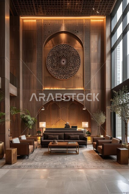 التصاميم الداخلية والديكورات للفنادق، مكتب استقبال بديكور وألوان مميزة، أثاث داخلي خشبي راقي على الطراز الحديث في المملكة العربية السعودية, الفن الهندسي المعماري