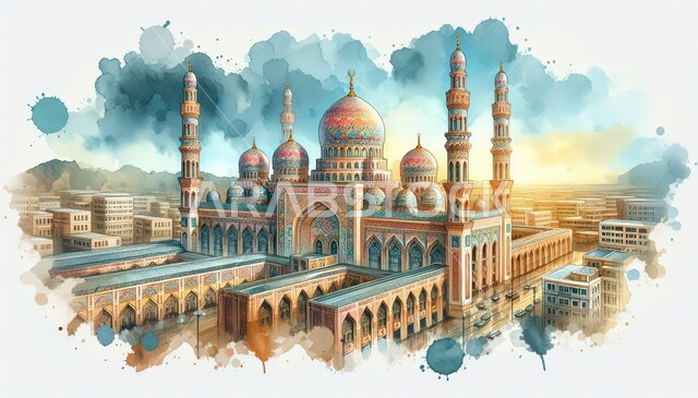أماكن العبادة والتقرب إلى الله، رسم لمجسم مسجد ثلاثي الأبعاد, ديكورات على الطراز الإسلامي, معالم دينية إسلامية مقدسة, الفن الهندسي المعماري لجامع, خلفية ملونة