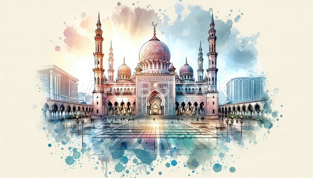 معالم دينية إسلامية مقدسة, الفن الهندسي المعماري لجامع، أماكن العبادة والتقرب إلى الله، رسم لمجسم مسجد ثلاثي الأبعاد, ديكورات على الطراز الإسلامي, خلفية ملونة