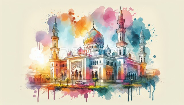 Drawing of a 3D mosque model, architectural engineering art of a mosque, places of worship and closeness to God, Islamic-style decorations, sacred Islamic religious landmarks, colorful background