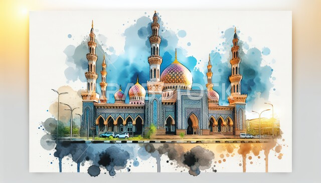 Architectural engineering art of a mosque, places of worship and closeness to God, drawing of a 3D mosque model, Islamic-style decorations, sacred Islamic religious landmarks, colorful background