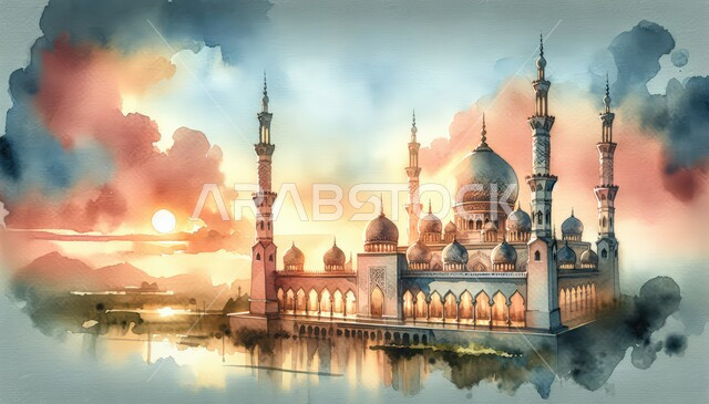 أماكن العبادة والتقرب إلى الله، رسم لمجسم مسجد ثلاثي الأبعاد, ديكورات على الطراز الإسلامي, معالم دينية إسلامية مقدسة, الفن الهندسي المعماري لجامع, خلفية ملونة