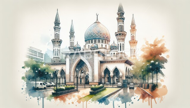 Architectural engineering art of a mosque, places of worship and closeness to God, drawing of a 3D mosque model, Islamic-style decorations, sacred Islamic religious landmarks, white background
