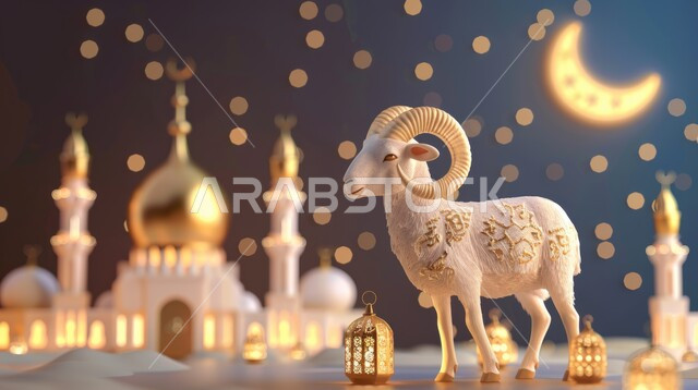 The sky decorated with bright stars and the crescent moon, a close-up of a goat against the background of a mosque with towering domes and minarets, Islamic religious occasions and holidays, the sacrifice of Eid Al-Adha