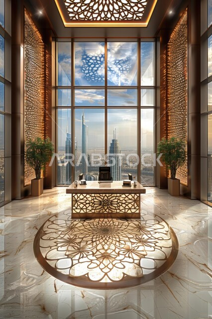 غرف مكتبية بتصاميم داخلية وديكورات متميزة، غرفة استقبال مجهزة بأثاث فاخر، تصميم عصري حديث لمكتب في المملكة العربية السعودية, واجهات زجاجية ضخمة، الاهتمام بنباتات الزينة الخضراء