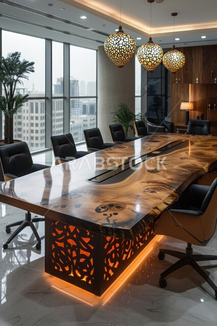 A meeting room with distinct interior designs and decorations, rooms equipped with luxurious furniture, a modern modern design for an office in the Kingdom of Saudi Arabia, huge glass facades, attention to green ornamental plants