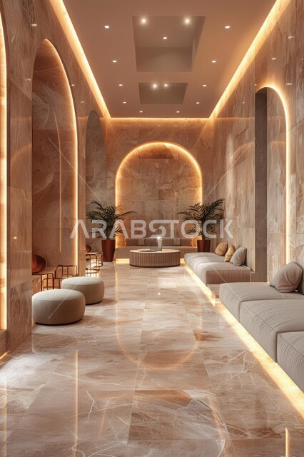 صالة فاخرة بجدران وأقواس رخامية، تصاميم داخلية وديكورات متميزة، غرف مجهزة بأثاث أنيق وإضاءة، تصميم عصري حديث لمكتب في المملكة العربية السعودية, الاهتمام بنباتات الزينة الخضراء