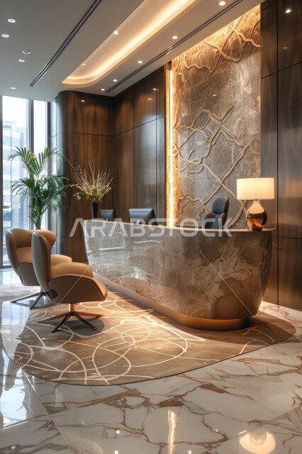 A reception room equipped with luxurious furniture, a marble office with distinct interior designs and decorations, a modern modern design for an office in the Kingdom of Saudi Arabia, huge glass facades, attention to green ornamental plants