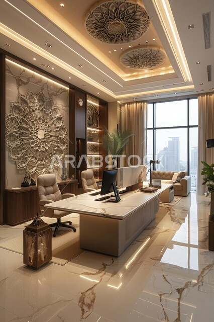 A reception room equipped with luxurious furniture, computers and modern technologies, a marble office with distinct interior designs and decorations, a modern modern design for an office in the Kingdom of Saudi Arabia, huge glass facades, attention to green ornamental plants