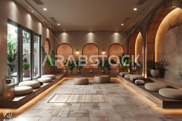 A hall equipped with luxurious furniture, rooms with distinct interior designs and decorations, modern design for a living room, offices and commercial companies in the Kingdom of Saudi Arabia, huge glass facades, attention to green ornamental plants