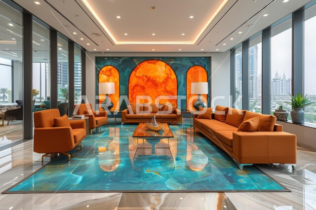 A hall equipped with luxurious furniture, rooms with distinct interior designs and decorations, modern design for a living room, offices and commercial companies in the Kingdom of Saudi Arabia, huge glass facades, attention to green ornamental plants
