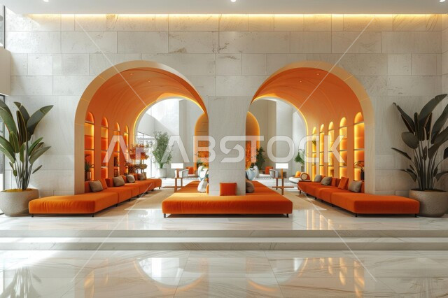 صالة مجهزة بأثاث عربي فاخر، تصميم عصري حديث لغرفة انتظار، غرف بتصاميم داخلية وديكورات متميزة في المملكة العربية السعودية, الاهتمام بنباتات الزينة الخضراء