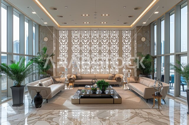 الواجهات الزجاجية الضخمة، تصميم عصري حديث لغرفة جلوس، صالة مجهزة بأثاث فاخر، غرف بتصاميم داخلية وديكورات متميزة، مكاتب وشركات تجارية في المملكة العربية السعودية, الاهتمام بنباتات الزينة الخضراء