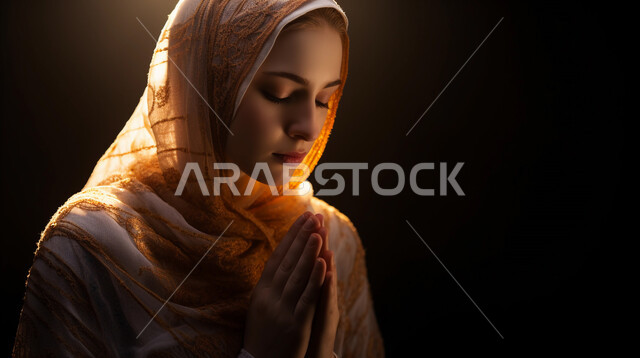 الخشوع والتضرع والطلب من الاله، الاجتهاد في الطاعات والأدعية والأذكار، العبادة والتقرب الى الله، صورة من الجانب لإمرأة عربية خليجية سعودية ترتدي الحجاب والعباءة التقليدية تجلس في المسجد ترفع يديها تقوم بالدعاء