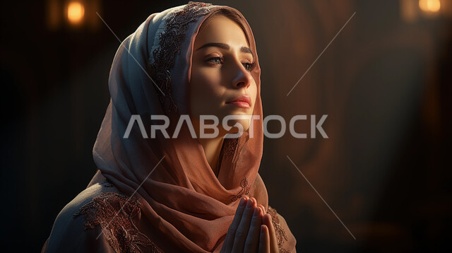  العبادة والتقرب الى الله، الاجتهاد في الطاعات والأدعية والأذكار، الخشوع والتضرع والطلب من الاله، صورة من الجانب لإمرأة عربية خليجية سعودية ترتدي الحجاب والعباءة التقليدية تجلس في المسجد ترفع يديها تقوم بالدعاء