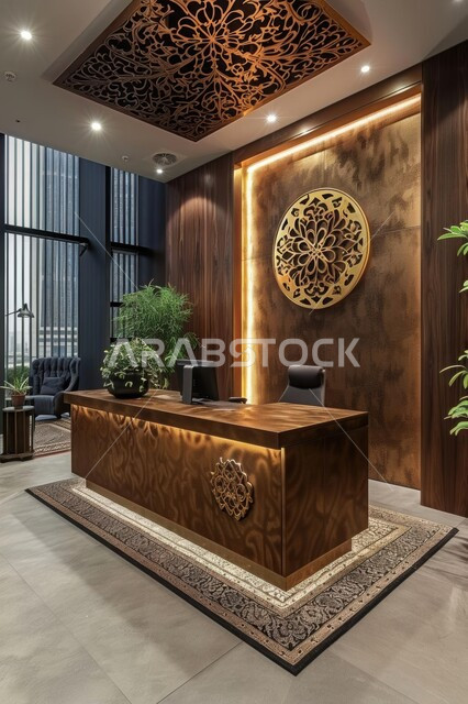 مكتب استقبال مجهز بتصاميم داخلية وديكورات فاخرة متميزة، تصميم عصري أنيق لمكاتب المملكة العربية السعودية, الفن الهندسي المعماري على الطراز الحديث، الاهتمام بنباتات الزينة الخضراء