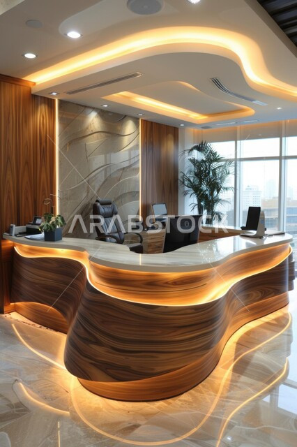 مكتب استقبال مجهز بتصاميم داخلية وديكورات فاخرة متميزة، تصميم عصري أنيق لمكاتب المملكة العربية السعودية, الفن الهندسي المعماري على الطراز الحديث، الاهتمام بنباتات الزينة الخضراء