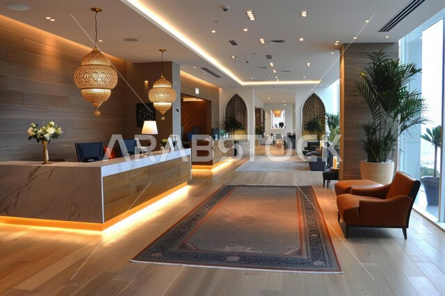 مكتب استقبال مجهز بتصاميم داخلية وديكورات فاخرة متميزة، تصميم عصري أنيق لمكاتب المملكة العربية السعودية, الفن الهندسي المعماري على الطراز الحديث، الاهتمام بنباتات الزينة الخضراء