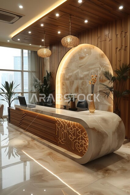 مكتب استقبال مجهز بتصاميم داخلية وديكورات فاخرة متميزة، تصميم عصري أنيق لمكاتب المملكة العربية السعودية, الفن الهندسي المعماري على الطراز الحديث، الاهتمام بنباتات الزينة الخضراء