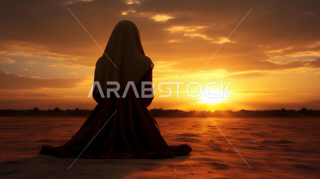 التمني والطلب من الله عز وجل، الاجتهاد في الطاعات والأدعية والأذكار، الخشوع والتضرع والعبادة والتقرب الى الله، صورة من الخلف لإمرأة عربية خليجية سعودية ترتدي الحجاب والعباءة التقليدية تجلس في ارض قاحلة ترفع يديها تقوم بالدعاء عند غروب الشمس