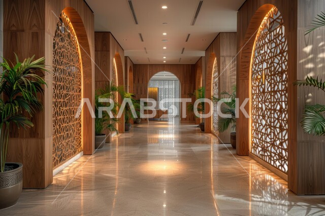 مدخل رخامي فاخر مع إضاءة مزخرفة، تصاميم داخلية وديكورات متميزة، تصميم عصري أنيق لشركات ومنتجعات المملكة العربية السعودية, الفن الهندسي المعماري على الطراز الحديث، الاهتمام بنباتات الزينة الخضراء