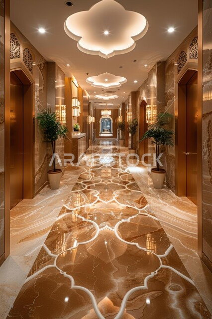 مدخل رخامي فاخر مع إضاءة مزخرفة، تصاميم داخلية وديكورات متميزة، تصميم عصري أنيق لشركات ومنتجعات المملكة العربية السعودية, الفن الهندسي المعماري على الطراز الحديث، الاهتمام بنباتات الزينة الخضراء