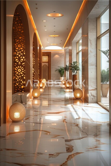 مدخل رخامي فاخر مع إضاءة مزخرفة، تصاميم داخلية وديكورات متميزة، تصميم عصري أنيق لشركات ومنتجعات المملكة العربية السعودية, الفن الهندسي المعماري على الطراز الحديث، الاهتمام بنباتات الزينة الخضراء