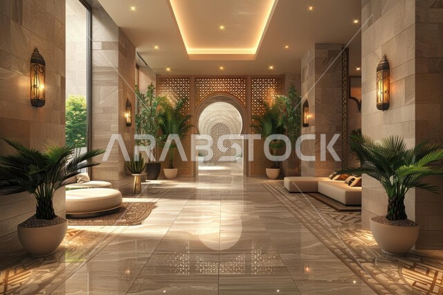 مدخل رخامي فاخر مع إضاءة مزخرفة، تصاميم داخلية وديكورات متميزة، تصميم عصري أنيق لشركات ومنتجعات المملكة العربية السعودية, الفن الهندسي المعماري على الطراز الحديث، الاهتمام بنباتات الزينة الخضراء