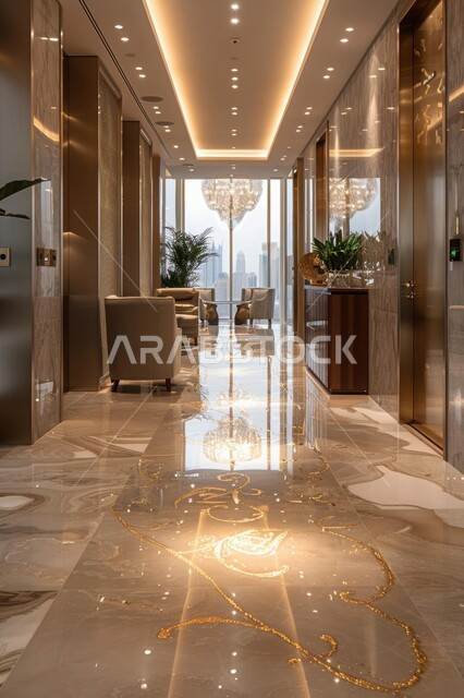 مدخل رخامي فاخر مع إضاءة مزخرفة، تصاميم داخلية وديكورات متميزة، تصميم عصري أنيق لشركات ومنتجعات المملكة العربية السعودية, الفن الهندسي المعماري على الطراز الحديث، الاهتمام بنباتات الزينة الخضراء