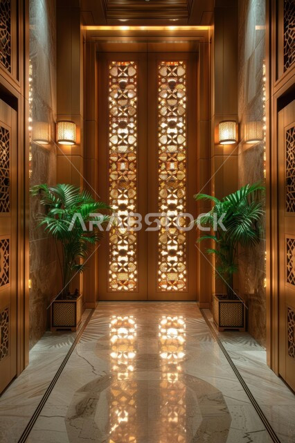 ديكورات متميزة وتصاميم داخلية، صورة مقربة لباب مزخرف بنقوش متميزة مع مدخل رخامي فاخر و إضاءة، تصميم عصري أنيق لشركات ومنتجعات المملكة العربية السعودية, الاهتمام بنباتات الزينة الخضراء