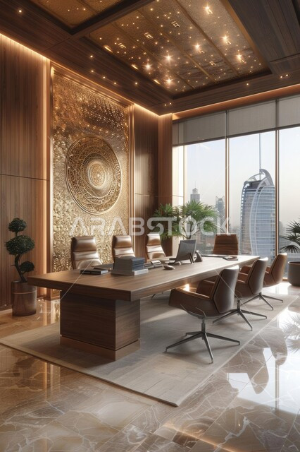 واجهات زجاجية ضخمة، غرفة اجتماعات بتصاميم داخلية وديكورات متميزة، غرف مجهزة بأثاث فاخر، تصميم عصري حديث لمكتب في المملكة العربية السعودية, الاهتمام بنباتات الزينة الخضراء