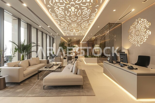 التصميم الراقي لردهة ومدخل الاستقبال في الفندق، لوبي اوتيل بديزاينات عصرية حديثه، مكاتب وشركات تجارية في المملكة العربية السعودية، الواجهات الزجاجية الضخمة، التصاميم والديكورات الداخلية للفنادق والمنتجعات الفاخرة